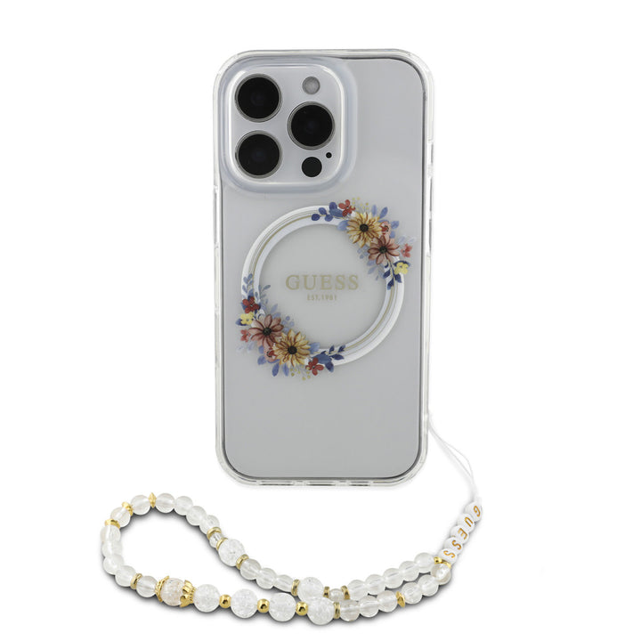Guess iPhone 16 Pro Back Cover hoesje - Magsafe IML - Flower Wreath Design & Pearl Strap - Transparant-Hoesjes-Ilumina Benelux