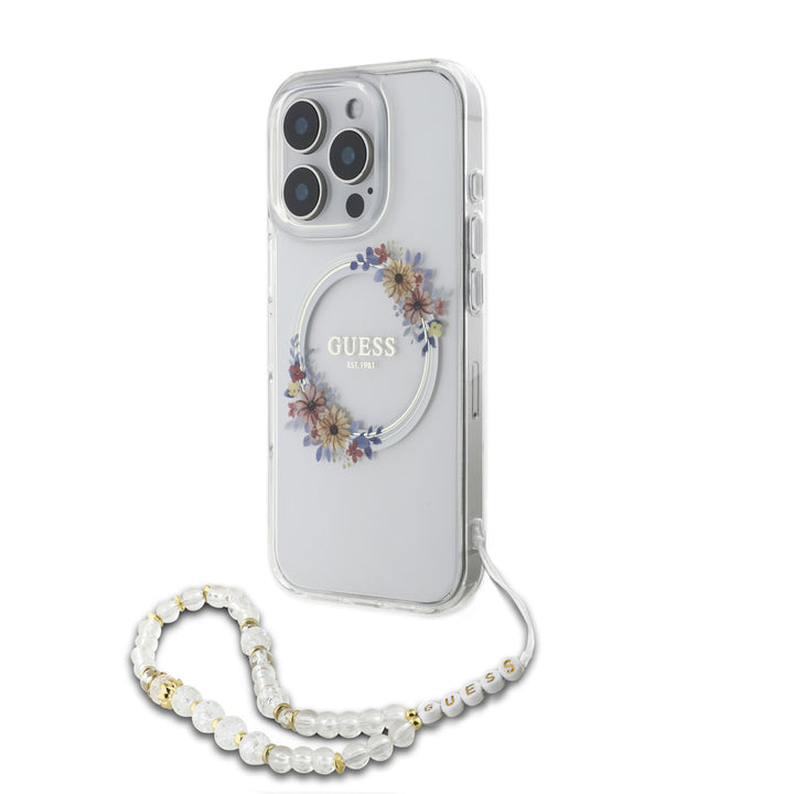 Guess iPhone 16 Pro Back Cover hoesje - Magsafe IML - Flower Wreath Design & Pearl Strap - Transparant-Hoesjes-Ilumina Benelux