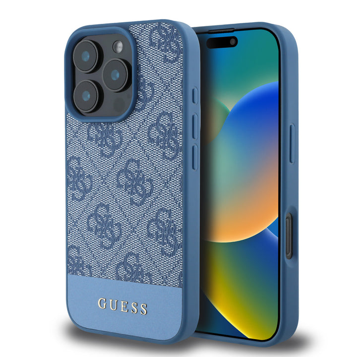 Guess iPhone 16 Pro Backcover hoesje - 4G PU Leather - Bottom Stripe - Blauw-Hoesjes-Ilumina Benelux