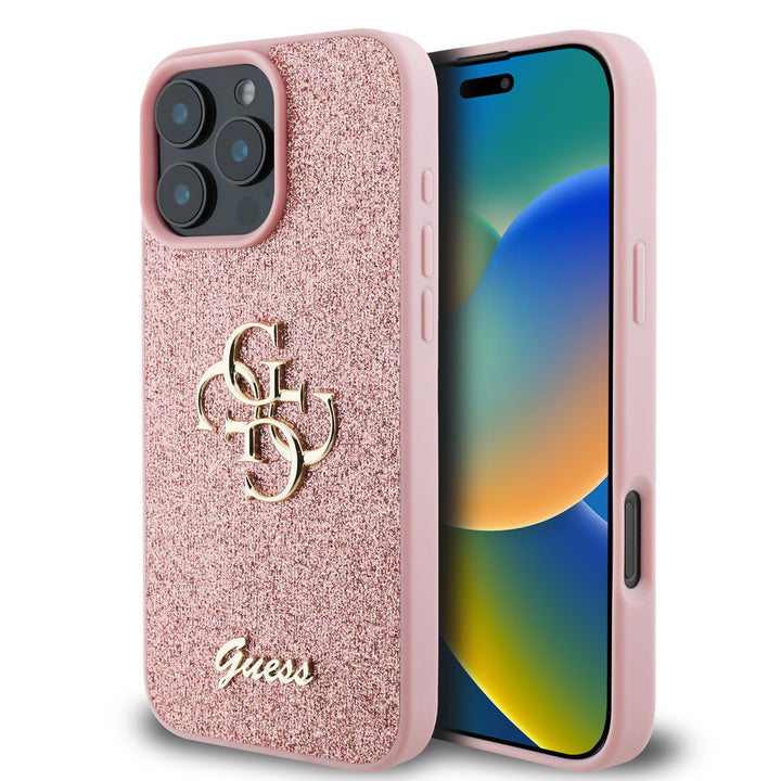 Guess iPhone 16 Pro Backcover hoesje - Big 4G - Fixed Glitter - Roze-Hoesjes-Ilumina Benelux