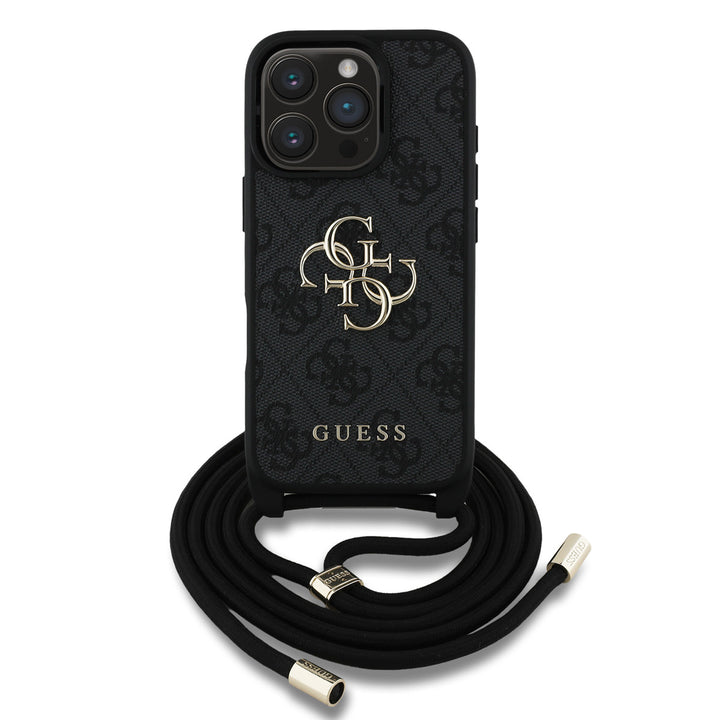 Guess iPhone 16 Pro Backcover hoesje - Crossbody 4G Big Logo - Cord Strap - Zwart-Hoesjes-Ilumina Benelux