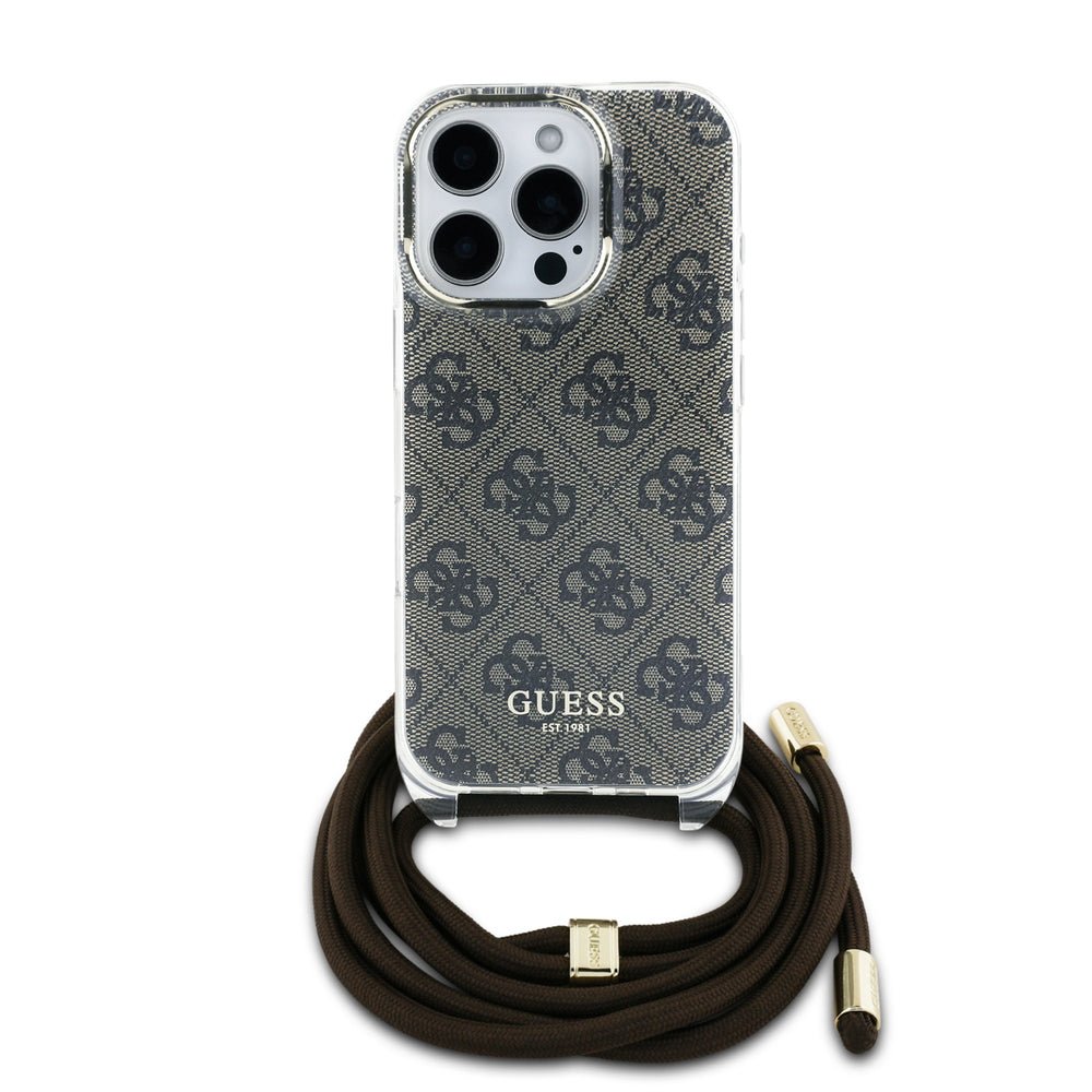 Guess iPhone 16 Pro Backcover hoesje Crossbody cord 4G - Bruin-Hoesjes-Ilumina Benelux