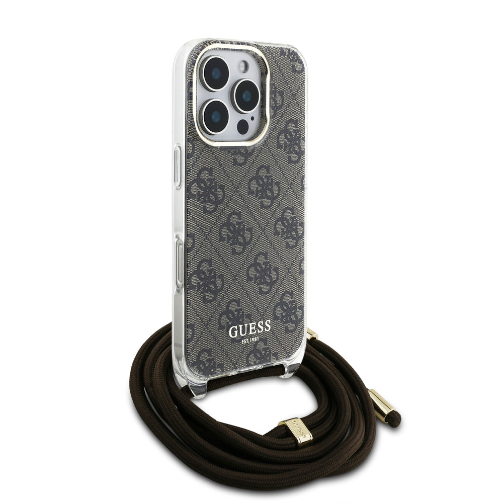 Guess iPhone 16 Pro Backcover hoesje Crossbody cord 4G - Bruin-Hoesjes-Ilumina Benelux