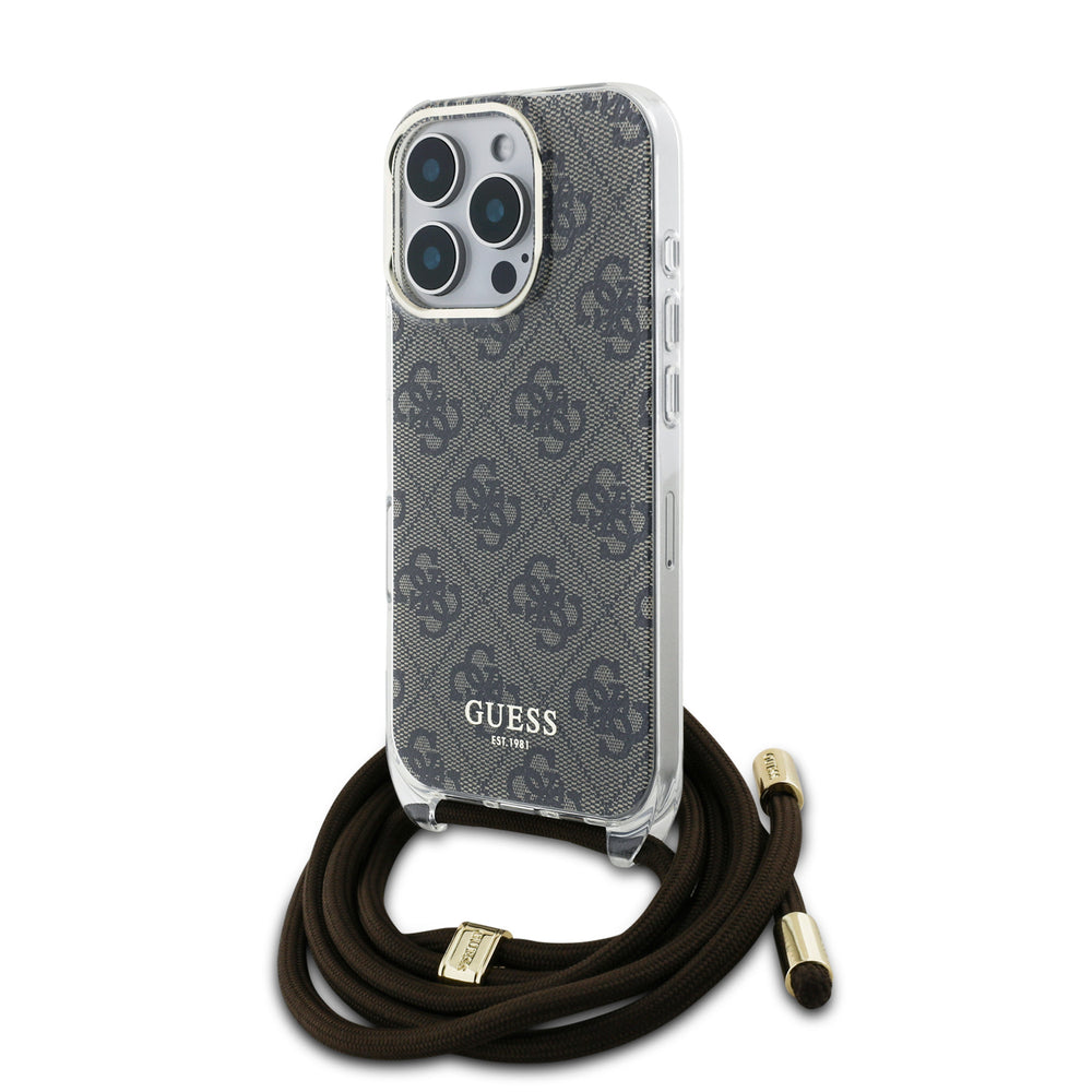 Guess iPhone 16 Pro Backcover hoesje Crossbody cord 4G - Bruin-Hoesjes-Ilumina Benelux