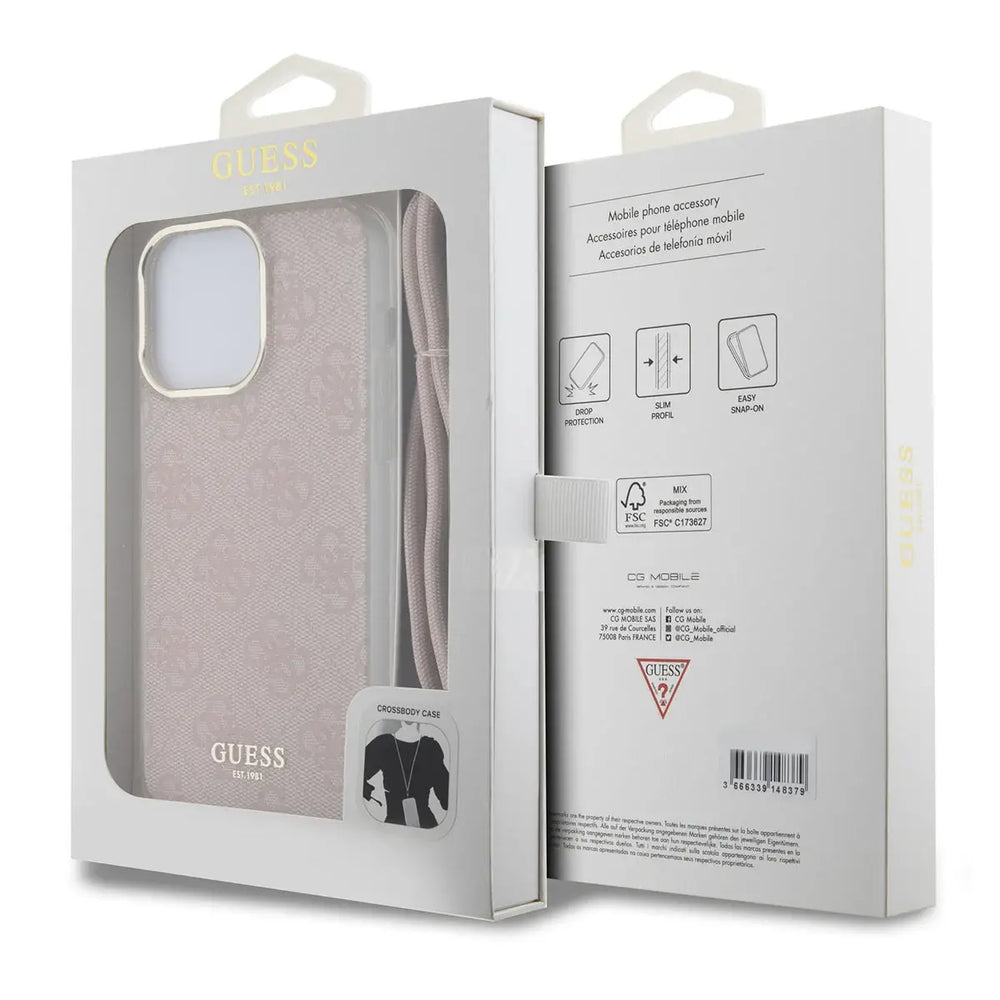 Guess iPhone 16 Pro Backcover hoesje Crossbody cord 4G print - Roze-Hoesjes-Ilumina Benelux