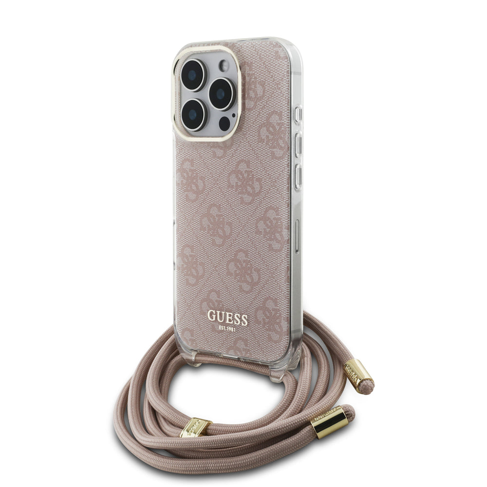 Guess iPhone 16 Pro Backcover hoesje Crossbody cord 4G print - Roze-Hoesjes-Ilumina Benelux