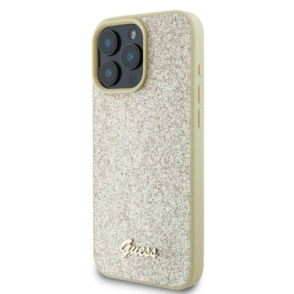 Guess iPhone 16 Pro Backcover hoesje - Fixed Glitter - Script Metal Logo - Goud-Hoesjes-Ilumina Benelux