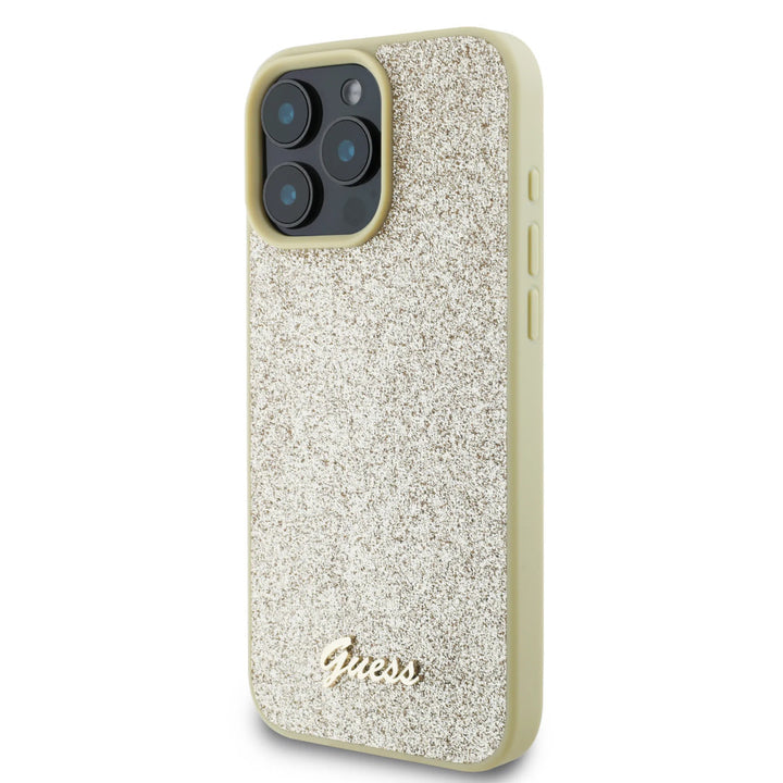 Guess iPhone 16 Pro Backcover hoesje - Fixed Glitter - Script Metal Logo - Goud-Hoesjes-Ilumina Benelux