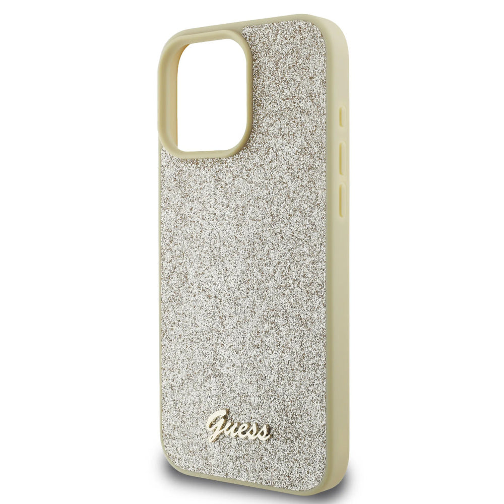Guess iPhone 16 Pro Backcover hoesje - Fixed Glitter - Script Metal Logo - Goud-Hoesjes-Ilumina Benelux