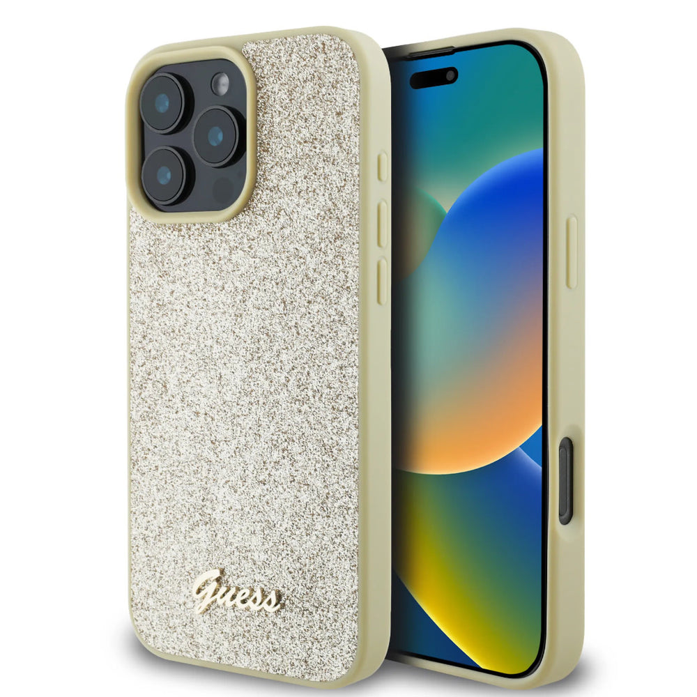 Guess iPhone 16 Pro Backcover hoesje - Fixed Glitter - Script Metal Logo - Goud-Hoesjes-Ilumina Benelux