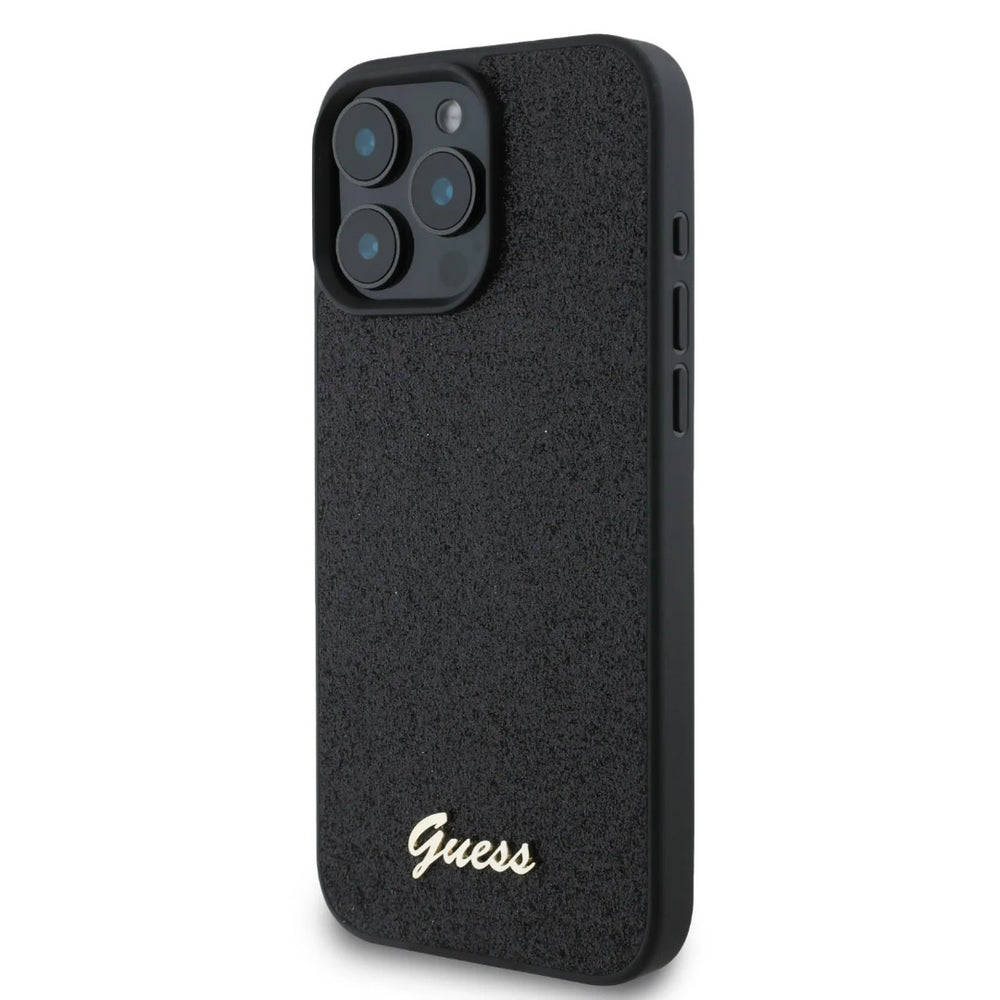 Guess iPhone 16 Pro Backcover hoesje - Fixed Glitter - Script Metal Logo - Zwart-Hoesjes-Ilumina Benelux