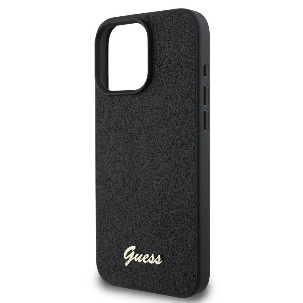 Guess iPhone 16 Pro Backcover hoesje - Fixed Glitter - Script Metal Logo - Zwart-Hoesjes-Ilumina Benelux