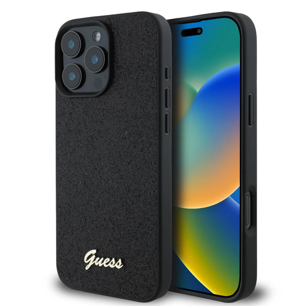 Guess iPhone 16 Pro Backcover hoesje - Fixed Glitter - Script Metal Logo - Zwart-Hoesjes-Ilumina Benelux