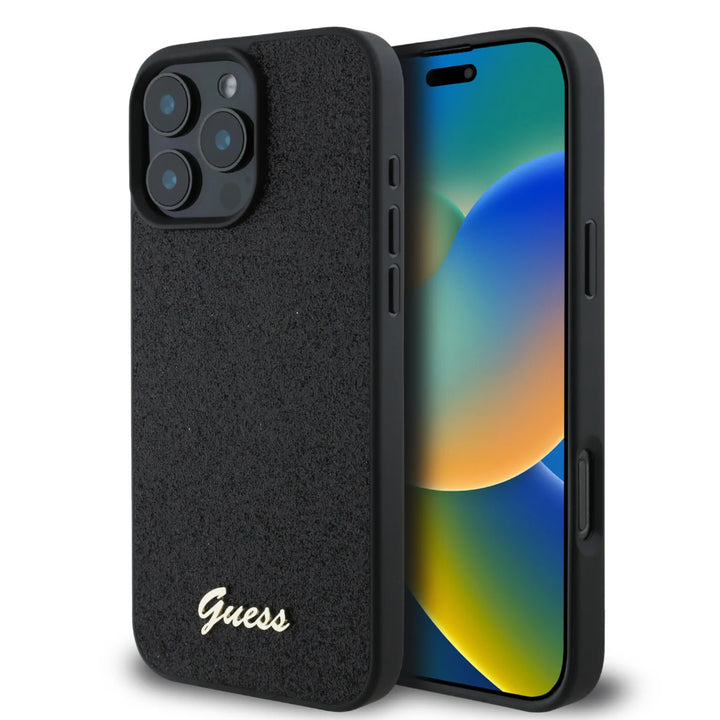 Guess iPhone 16 Pro Backcover hoesje - Fixed Glitter - Script Metal Logo - Zwart-Hoesjes-Ilumina Benelux