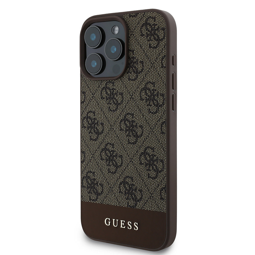 Guess iPhone 16 Pro Backcover hoesje - Magsafe - 4G PU Leather - Bottom Stripe - Bruin-Hoesjes-Ilumina Benelux