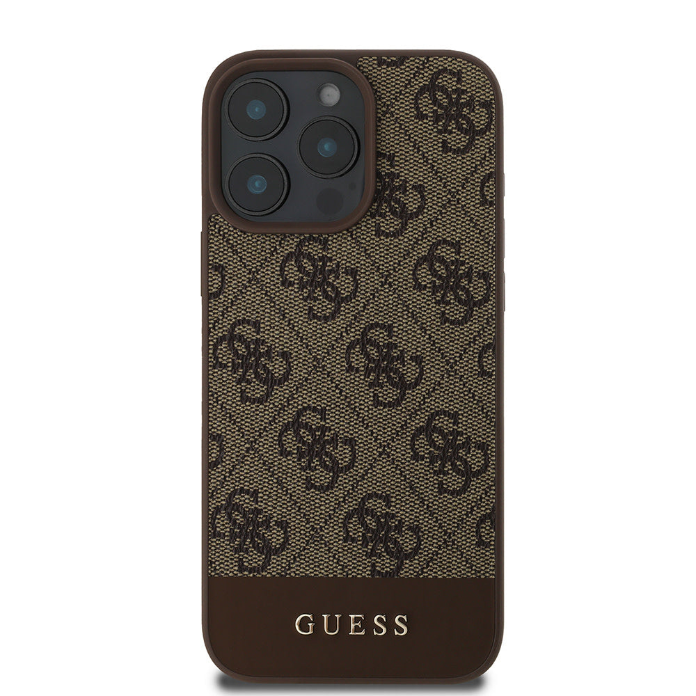 Guess iPhone 16 Pro Backcover hoesje - Magsafe - 4G PU Leather - Bottom Stripe - Bruin-Hoesjes-Ilumina Benelux