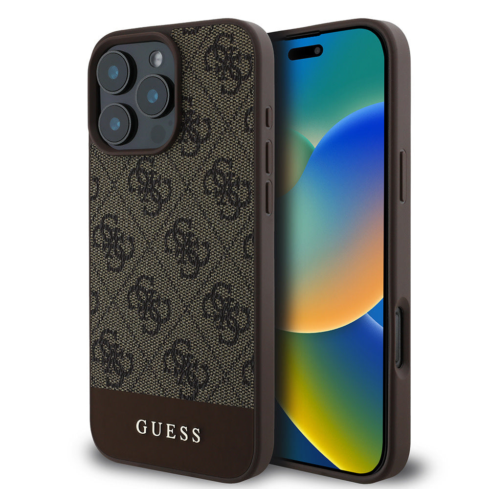 Guess iPhone 16 Pro Backcover hoesje - Magsafe - 4G PU Leather - Bottom Stripe - Bruin-Hoesjes-Ilumina Benelux