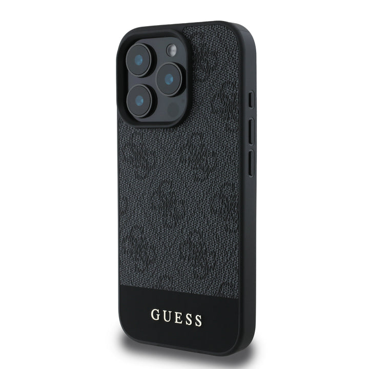Guess iPhone 16 Pro Backcover hoesje - Magsafe - 4G PU Leather - Bottom Stripe - Grijs-Hoesjes-Ilumina Benelux