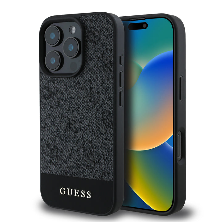 Guess iPhone 16 Pro Backcover hoesje - Magsafe - 4G PU Leather - Bottom Stripe - Grijs-Hoesjes-Ilumina Benelux