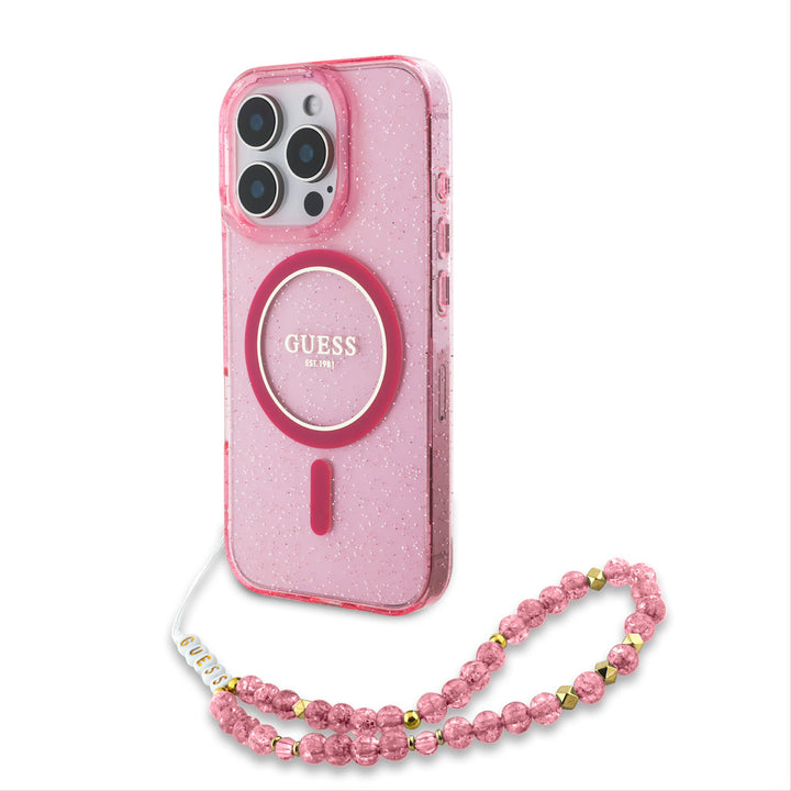 Guess iPhone 16 Pro Backcover hoesje - Magsafe - Glitter - Pearl Strap - Roze-Hoesjes-Ilumina Benelux