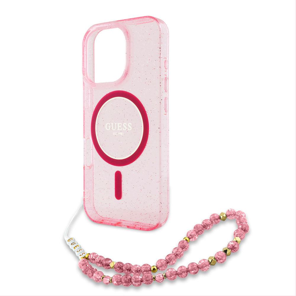 Guess iPhone 16 Pro Backcover hoesje - Magsafe - Glitter - Pearl Strap - Roze-Hoesjes-Ilumina Benelux