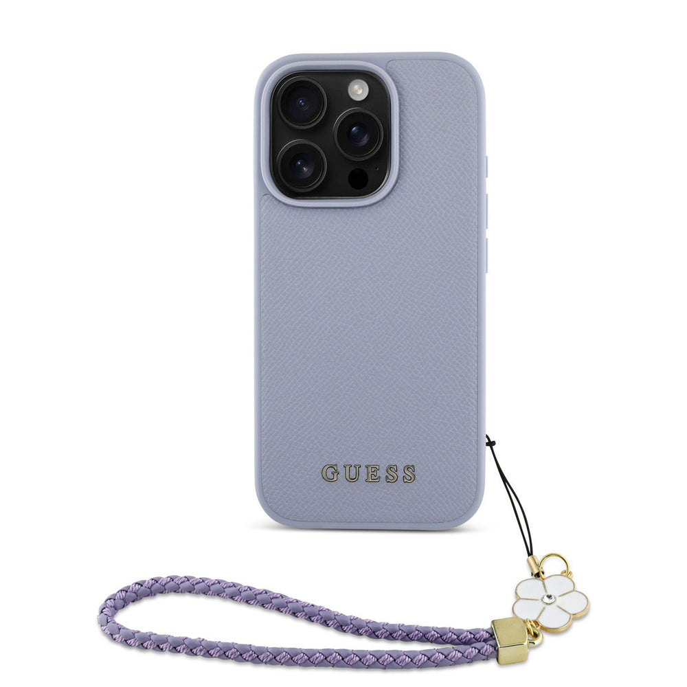 Guess iPhone 16 Pro Backcover hoesje - Magsafe - Grained - Flower Charm Strap - Paars-Hoesjes-Ilumina Benelux