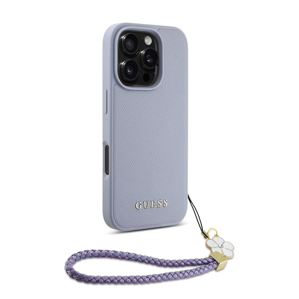 Guess iPhone 16 Pro Backcover hoesje - Magsafe - Grained - Flower Charm Strap - Paars-Hoesjes-Ilumina Benelux