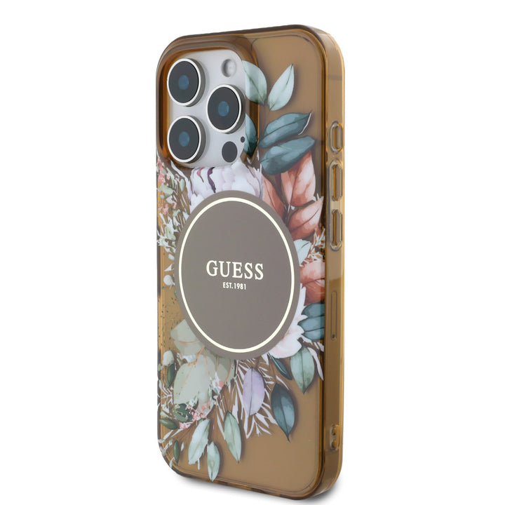 Guess iPhone 16 Pro Backcover hoesje - Magsafe IML - Flower Design & Tonal Circle Logo - Bruin-Hoesjes-Ilumina Benelux