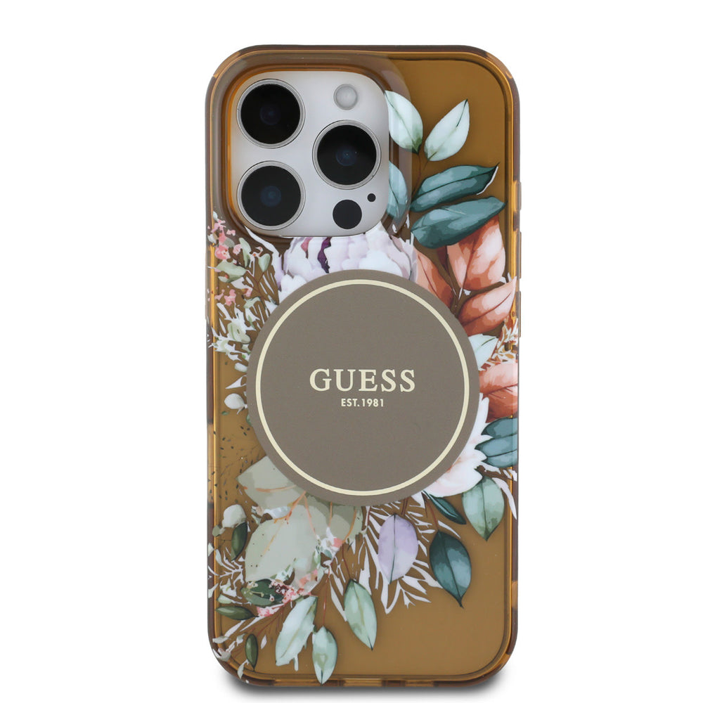 Guess iPhone 16 Pro Backcover hoesje - Magsafe IML - Flower Design & Tonal Circle Logo - Bruin-Hoesjes-Ilumina Benelux