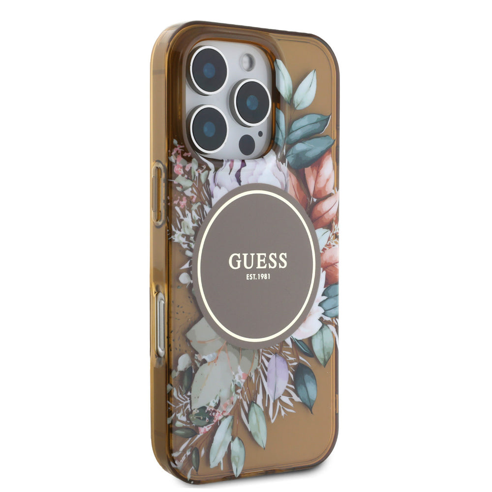 Guess iPhone 16 Pro Backcover hoesje - Magsafe IML - Flower Design & Tonal Circle Logo - Bruin-Hoesjes-Ilumina Benelux