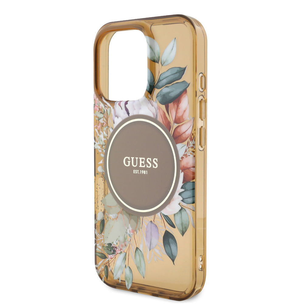 Guess iPhone 16 Pro Backcover hoesje - Magsafe IML - Flower Design & Tonal Circle Logo - Bruin-Hoesjes-Ilumina Benelux