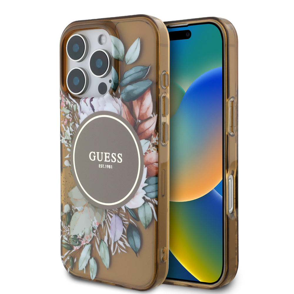 Guess iPhone 16 Pro Backcover hoesje - Magsafe IML - Flower Design & Tonal Circle Logo - Bruin-Hoesjes-Ilumina Benelux