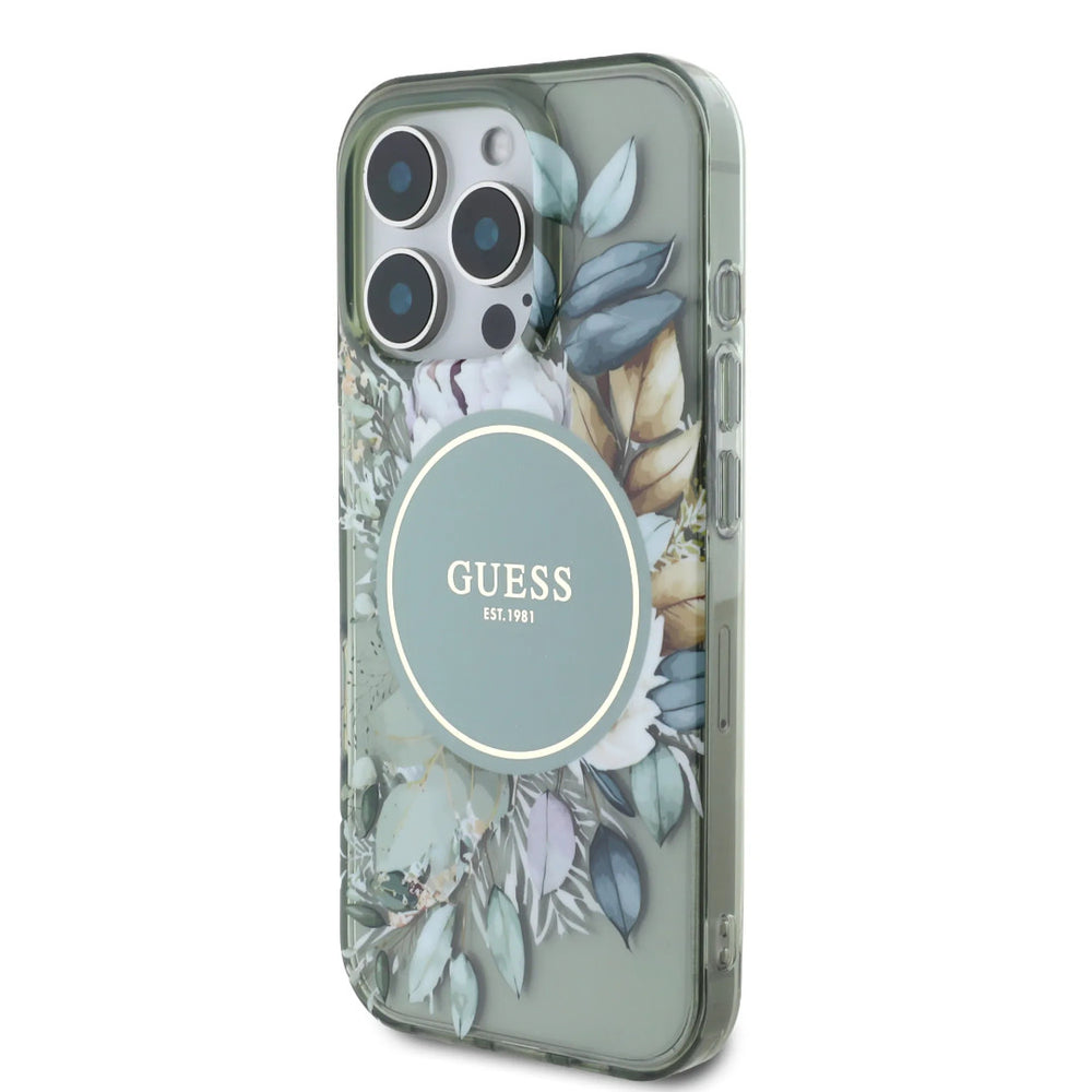 Guess iPhone 16 Pro Backcover hoesje - Magsafe IML - Flower Design & Tonal Circle Logo - Groen-Hoesjes-Ilumina Benelux