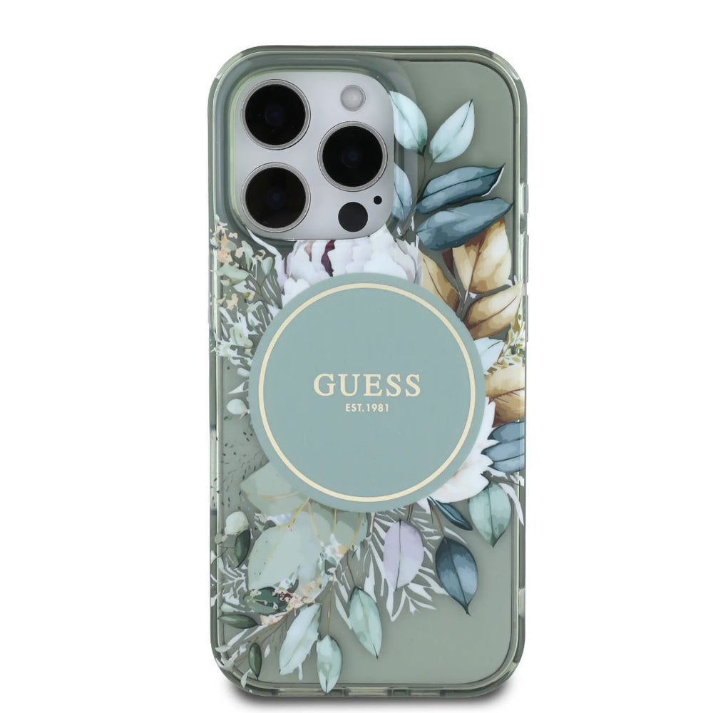 Guess iPhone 16 Pro Backcover hoesje - Magsafe IML - Flower Design & Tonal Circle Logo - Groen-Hoesjes-Ilumina Benelux