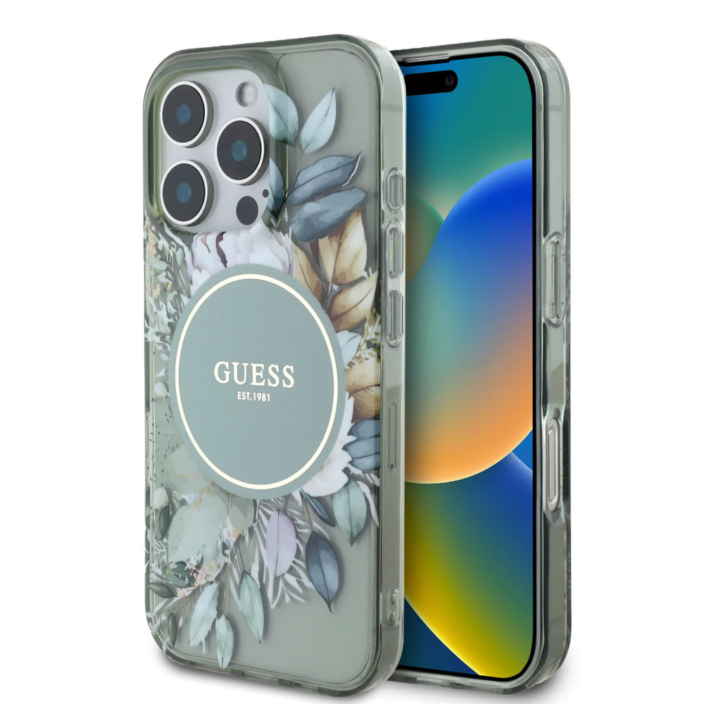 Guess iPhone 16 Pro Backcover hoesje - Magsafe IML - Flower Design & Tonal Circle Logo - Groen-Hoesjes-Ilumina Benelux