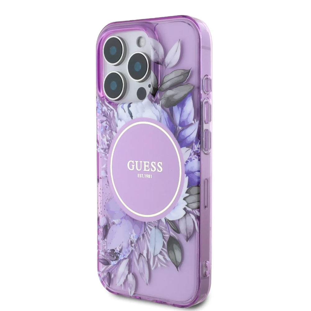 Guess iPhone 16 Pro Backcover hoesje - Magsafe IML - Flower Design & Tonal Circle Logo - Paars-Hoesjes-Ilumina Benelux
