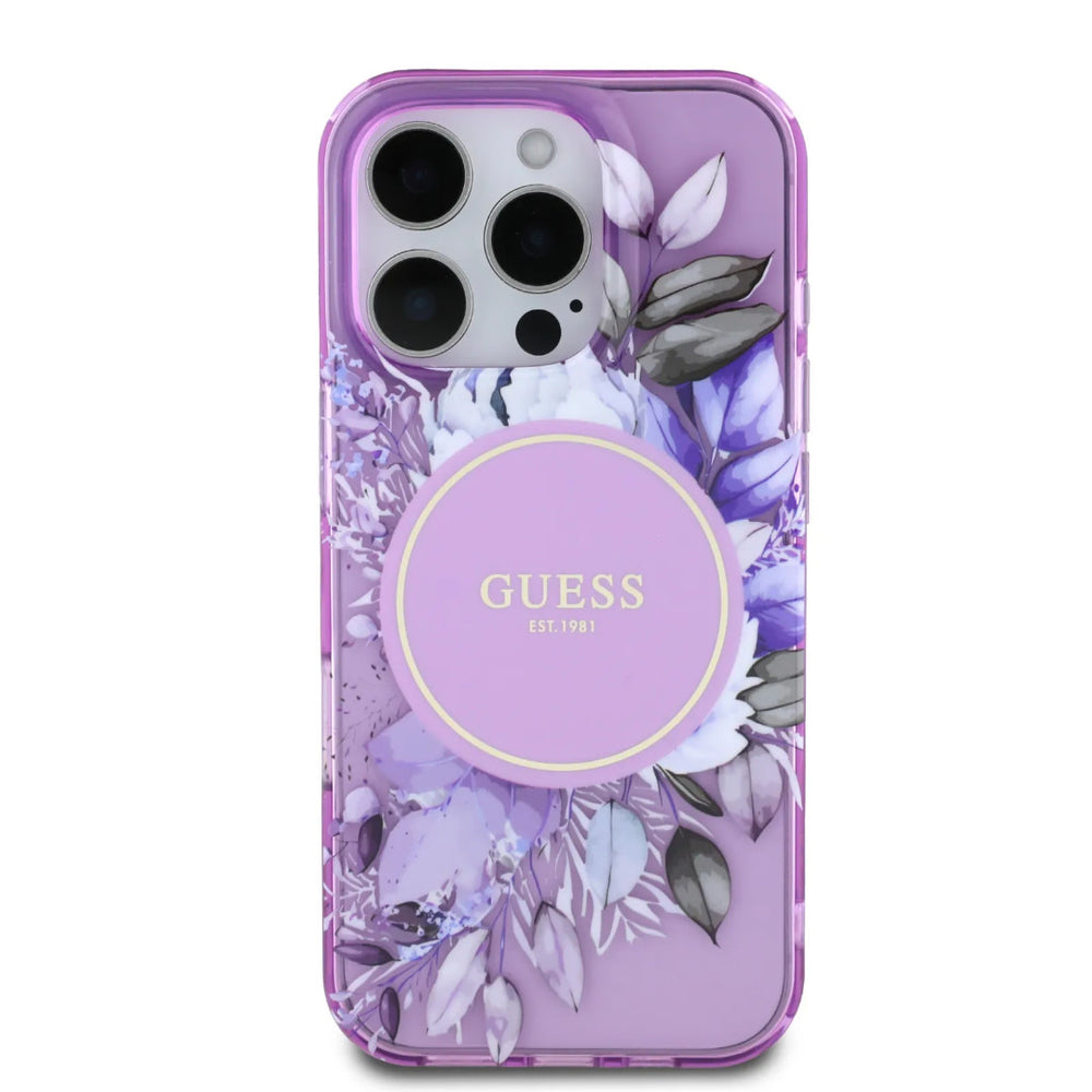 Guess iPhone 16 Pro Backcover hoesje - Magsafe IML - Flower Design & Tonal Circle Logo - Paars-Hoesjes-Ilumina Benelux