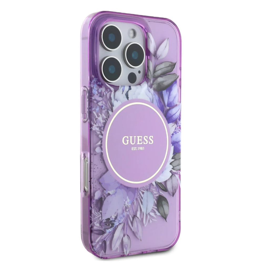 Guess iPhone 16 Pro Backcover hoesje - Magsafe IML - Flower Design & Tonal Circle Logo - Paars-Hoesjes-Ilumina Benelux