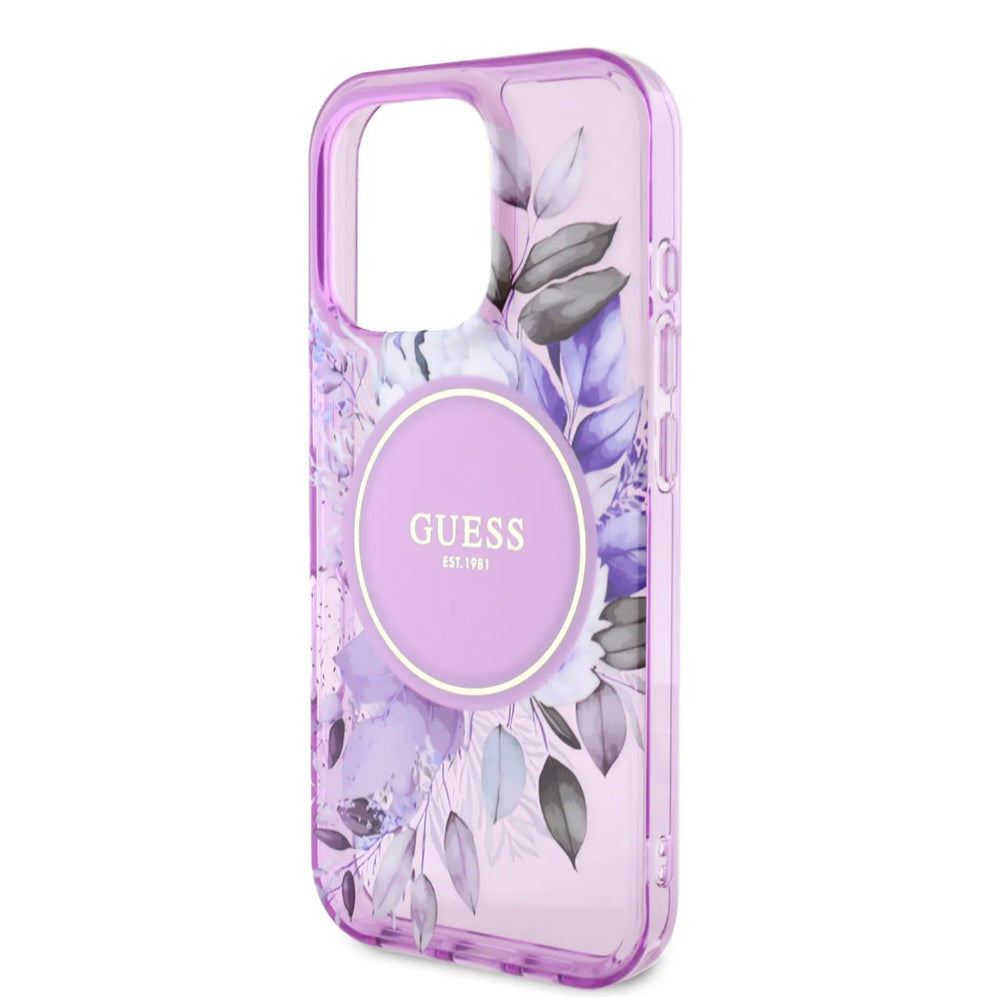 Guess iPhone 16 Pro Backcover hoesje - Magsafe IML - Flower Design & Tonal Circle Logo - Paars-Hoesjes-Ilumina Benelux