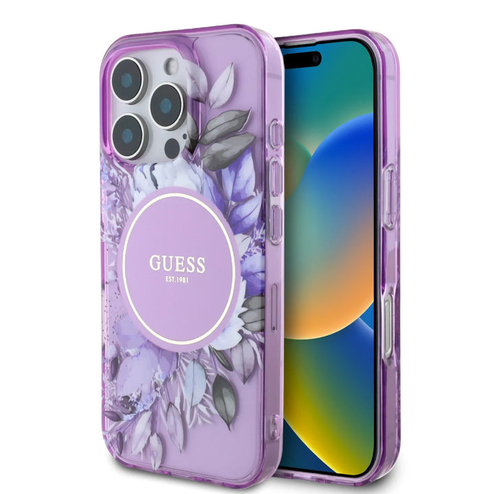 Guess iPhone 16 Pro Backcover hoesje - Magsafe IML - Flower Design & Tonal Circle Logo - Paars-Hoesjes-Ilumina Benelux
