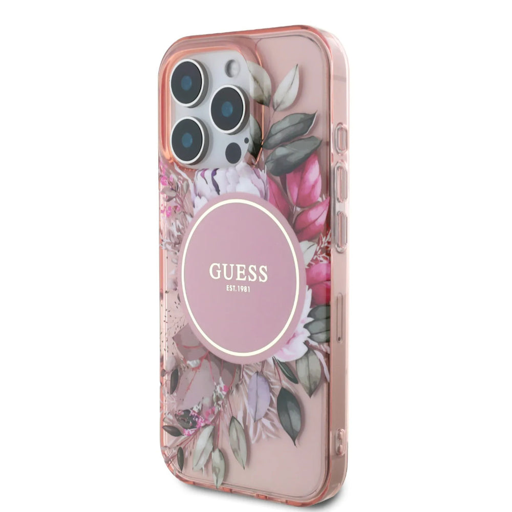 Guess iPhone 16 Pro Backcover hoesje - Magsafe IML - Flower Design & Tonal Circle Logo - Roze-Hoesjes-Ilumina Benelux