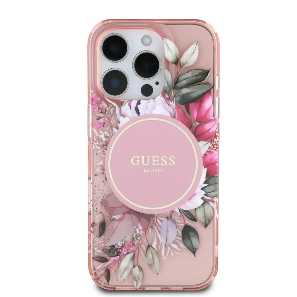 Guess iPhone 16 Pro Backcover hoesje - Magsafe IML - Flower Design & Tonal Circle Logo - Roze-Hoesjes-Ilumina Benelux