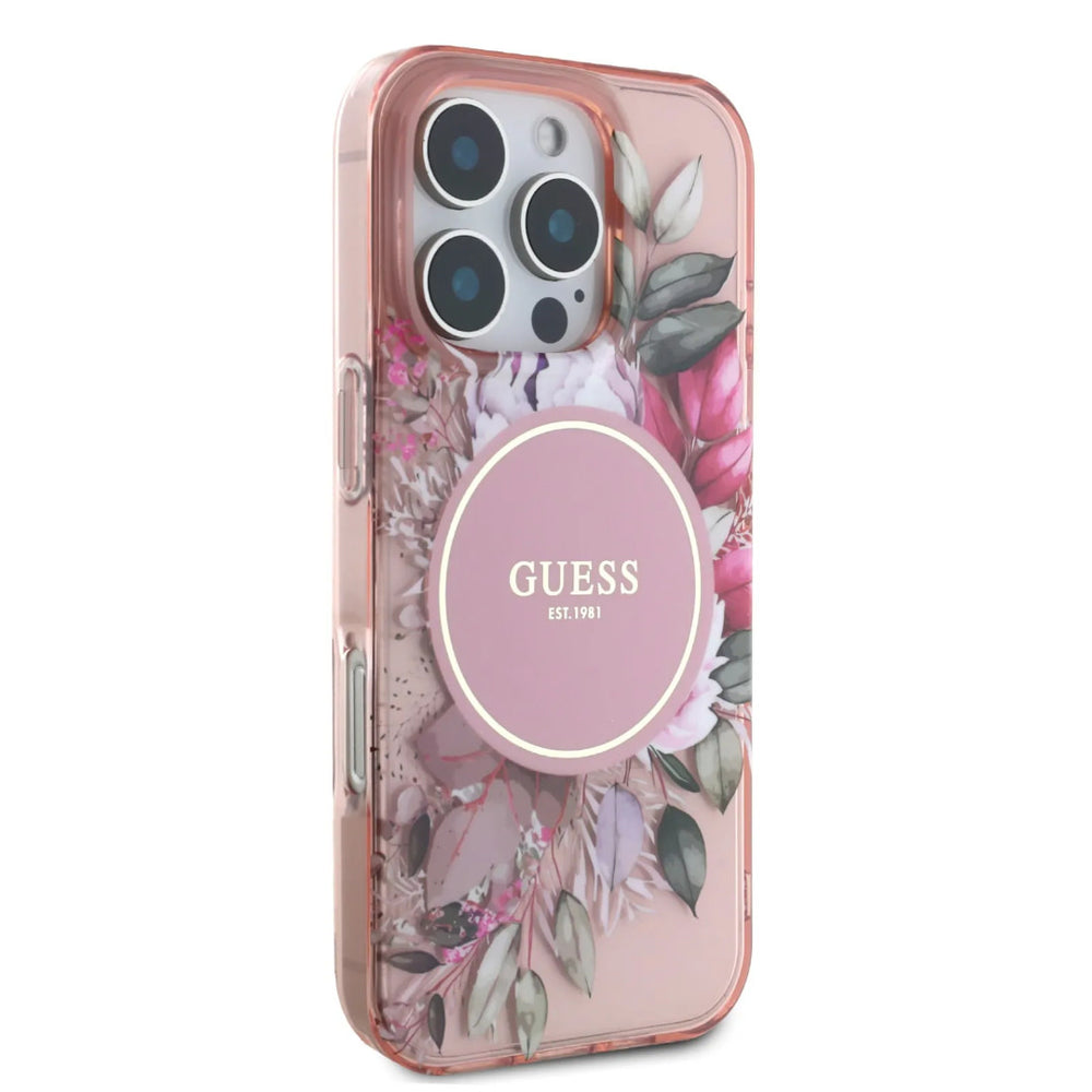 Guess iPhone 16 Pro Backcover hoesje - Magsafe IML - Flower Design & Tonal Circle Logo - Roze-Hoesjes-Ilumina Benelux