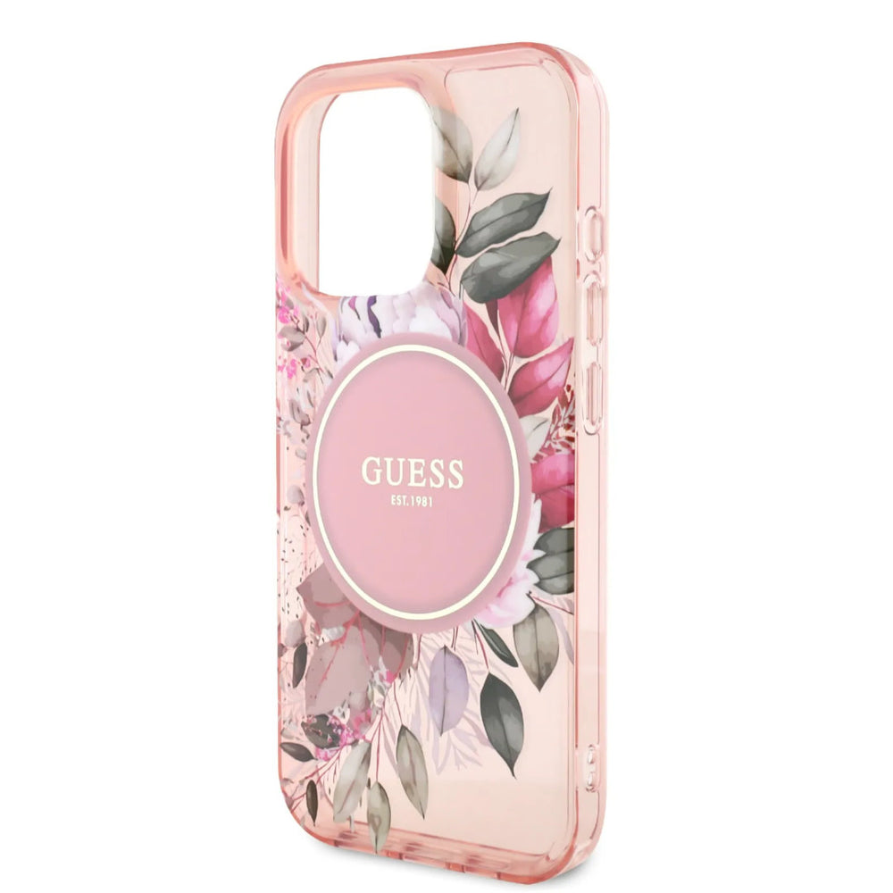 Guess iPhone 16 Pro Backcover hoesje - Magsafe IML - Flower Design & Tonal Circle Logo - Roze-Hoesjes-Ilumina Benelux