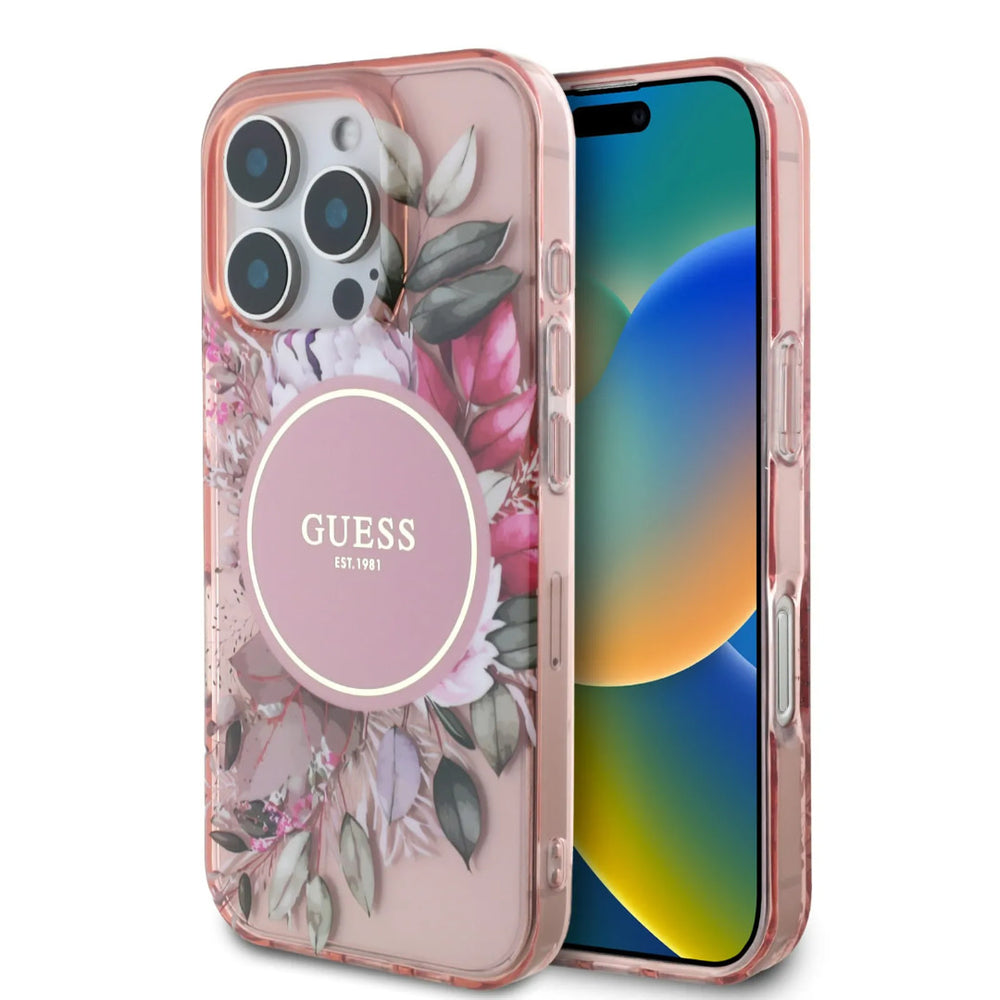 Guess iPhone 16 Pro Backcover hoesje - Magsafe IML - Flower Design & Tonal Circle Logo - Roze-Hoesjes-Ilumina Benelux