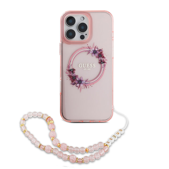 Guess iPhone 16 Pro Backcover hoesje - Magsafe IML - Flower Wreath Design & Pearl Strap - Roze-Hoesjes-Ilumina Benelux