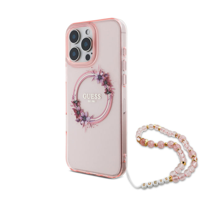 Guess iPhone 16 Pro Backcover hoesje - Magsafe IML - Flower Wreath Design & Pearl Strap - Roze-Hoesjes-Ilumina Benelux