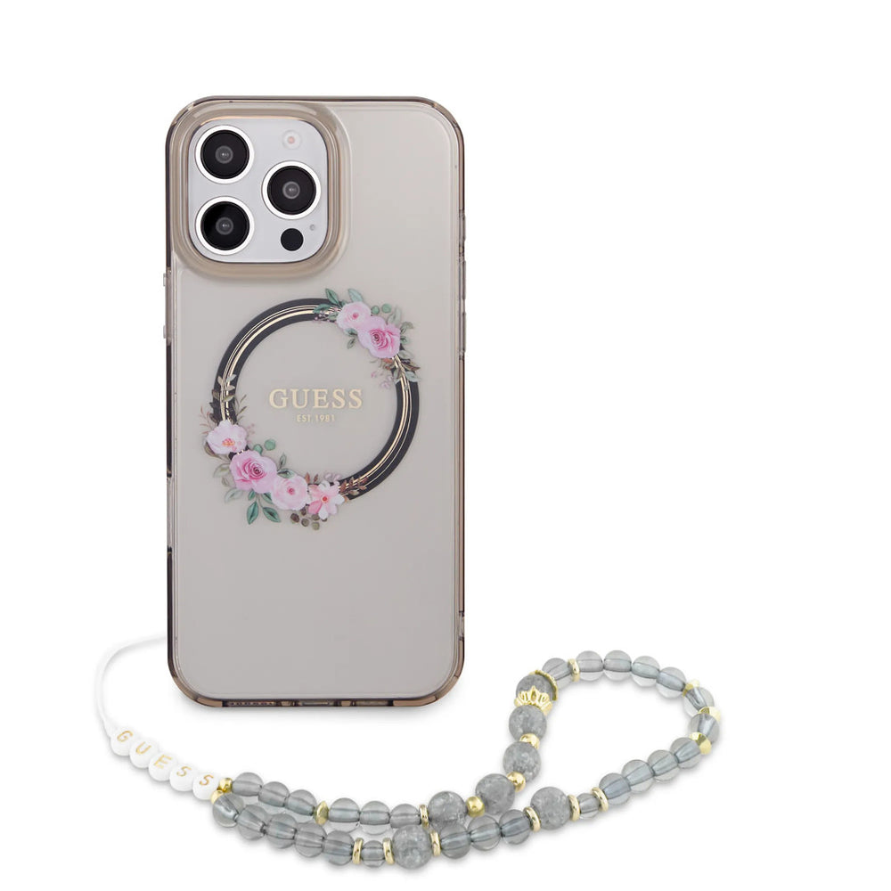 Guess iPhone 16 Pro Backcover hoesje - Magsafe IML - Flower Wreath Design & Pearl Strap - Zwart-Hoesjes-Ilumina Benelux