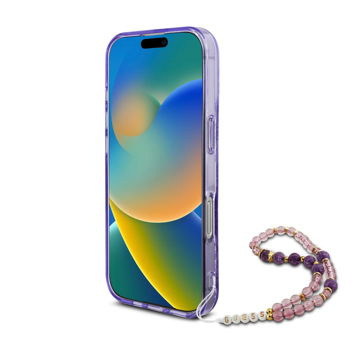Guess iPhone 16 Pro Backcover hoesje Magsafe IML Flowers with pearl strap - Paars-Hoesjes-Ilumina Benelux