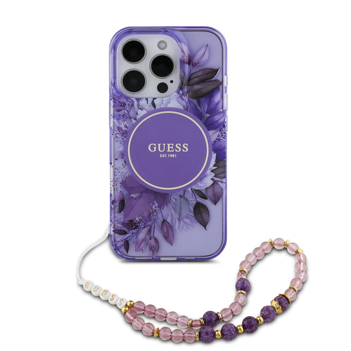 Guess iPhone 16 Pro Backcover hoesje Magsafe IML Flowers with pearl strap - Paars-Hoesjes-Ilumina Benelux
